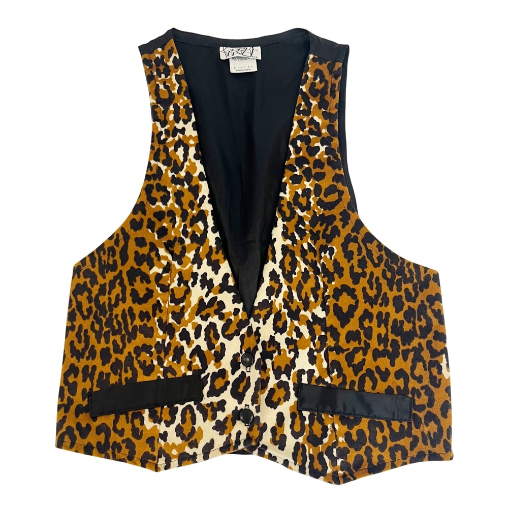 Vintage 80s Try 1 Leopard Print Vest Women Medium Brown Animal Print Made in USA